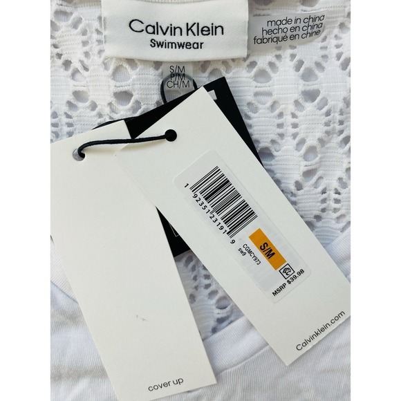 Calvin Klein Womens Crochet Trim V-Neck Dress Swim Cover-Up White S/M NWT - Picture 3 of 4
